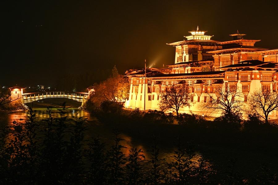 Punakha Dzong at Night — Sacred Fortress, Bhutan — Fine art canvas print by Naomi McLeod