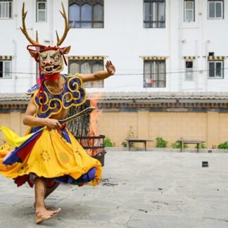 Deer Dancer at the Fire — Cham Festival, Bhutan