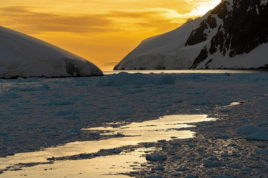 Golden Light on Antarctic Ice — Peninsula Passage at Midnight Sun — Fine art canvas print by Naomi McLeod