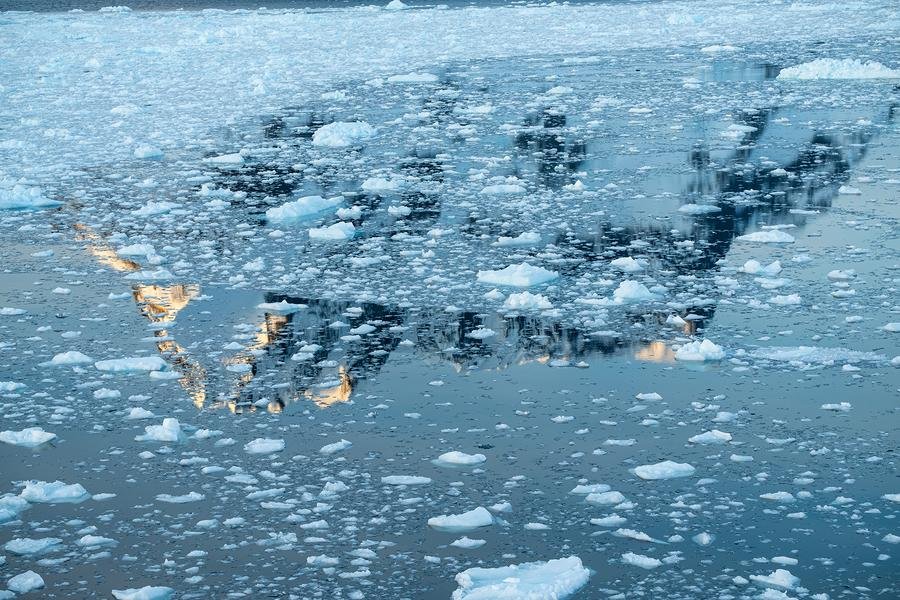 Shattered Reflection — Sea Ice and Mountain at Golden Hour — Fine art canvas print by Naomi McLeod