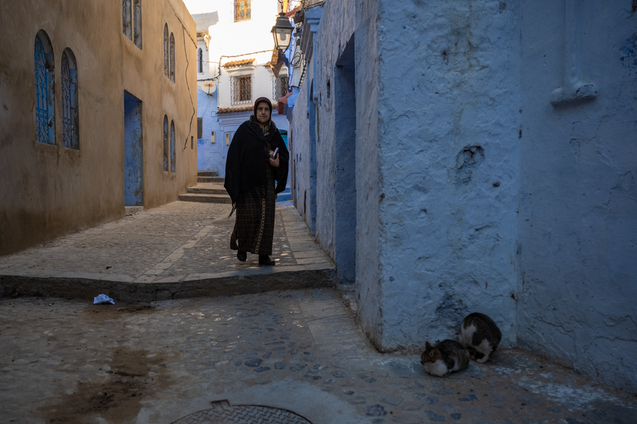 Blue Streets of Chefchaouen — Morocco Medina at Golden Hour — Fine art canvas print by Naomi McLeod