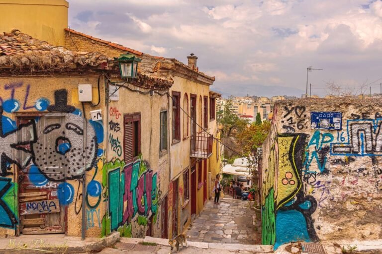 Colorful Athens Street Art Alley with Cat in Plaka Greece