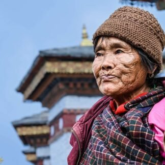 Bhutanese Elder Woman Portrait at Ancient Temple