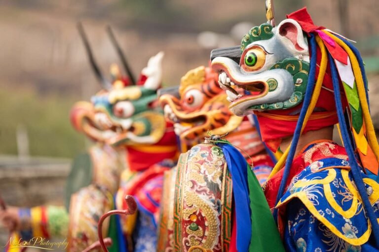 Bhutanese Masked Dancers at Traditional Tshechu Festival