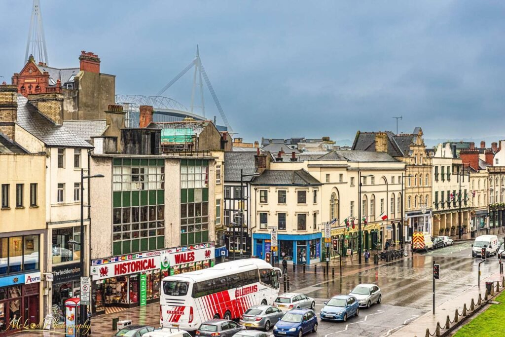 Cardiff City Centre Rainy Day with Principality Stadium — Fine art canvas print by Naomi McLeod