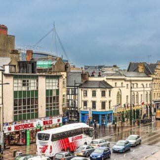 Cardiff City Centre Rainy Day with Principality Stadium