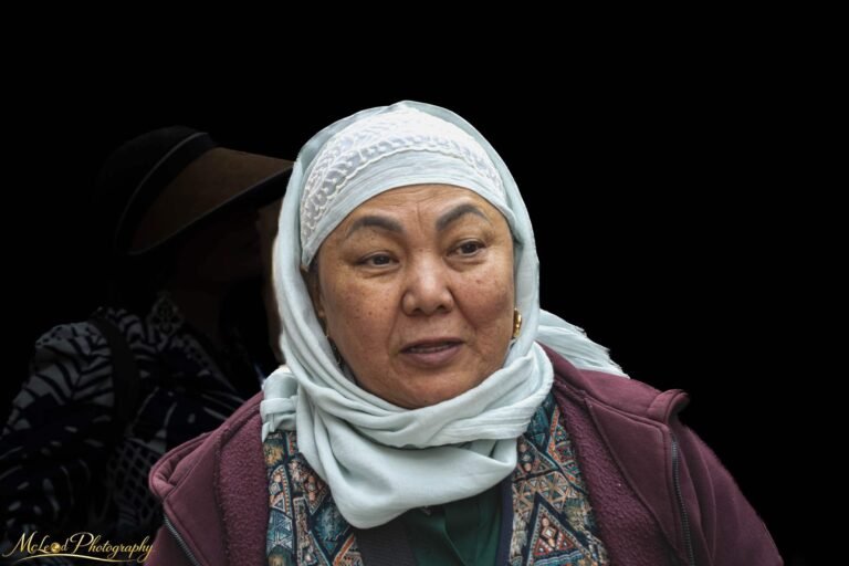 Central Asian Woman Portrait with Traditional White Headscarf