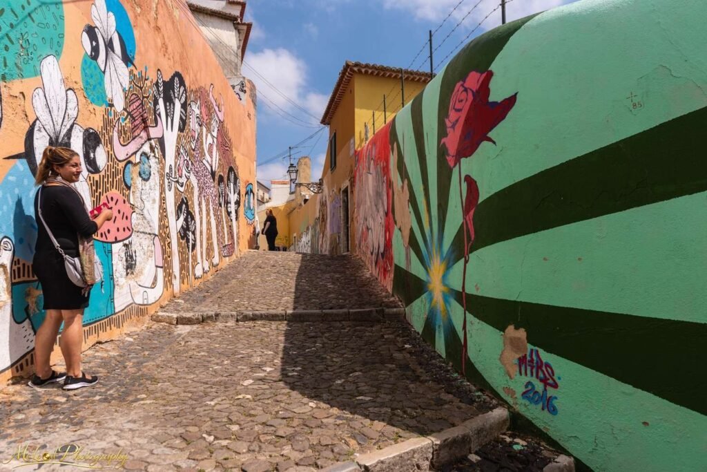 Vibrant Street Art Alley in Portugal Cobblestone Walkway — Fine art canvas print by Naomi McLeod