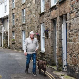 Charming Cornish Village Street Man Walking Dog Stone Cottages
