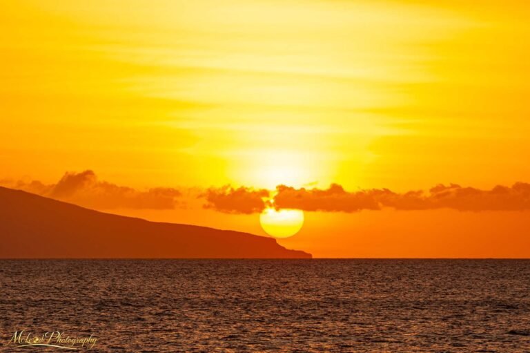 Golden Hawaiian Sunset Over Pacific Ocean Island Silhouette