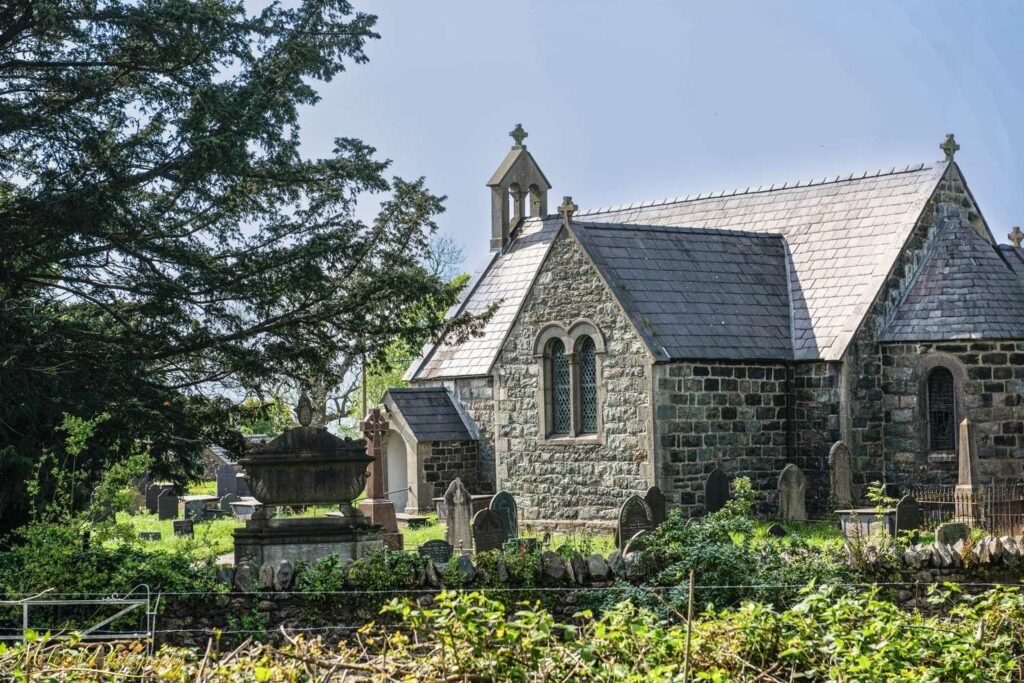Ancient Welsh Stone Church with Celtic Graveyard Wall Art — Fine art canvas print by Naomi McLeod