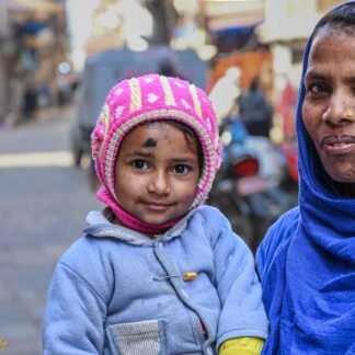 Indian Mother and Child Street Portrait in Blue Sari