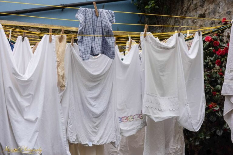 Italian Clothesline with White Linens and Red Roses