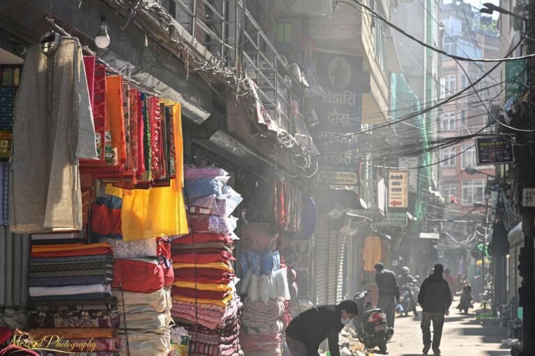 Morning Light in Kathmandu Textile Market Street Scene
