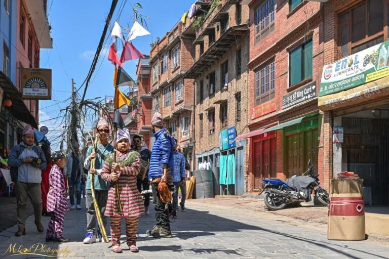 Nepali Children Carrying Festival Flags in Kathmandu Streets