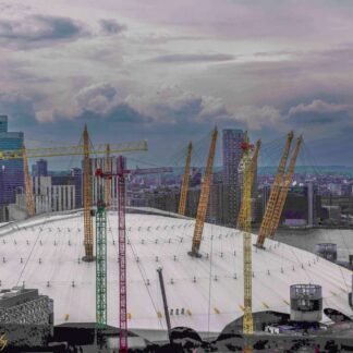 O2 Arena London Skyline with Canary Wharf at Dusk