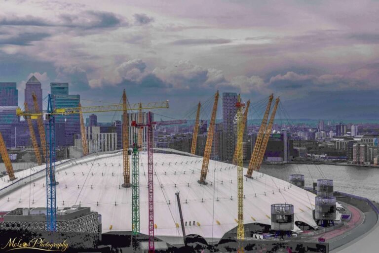 O2 Arena London Skyline with Canary Wharf at Dusk