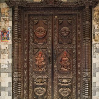 Ancient Nepalese Temple Door with Sun Moon Carvings