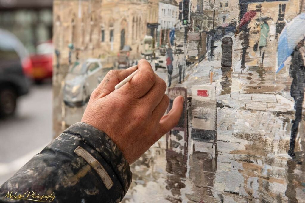 Street Artist Painting European Cityscape En Plein Air — Fine art canvas print by Naomi McLeod