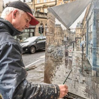Street Artist Capturing Edinburgh's Royal Mile in Rain