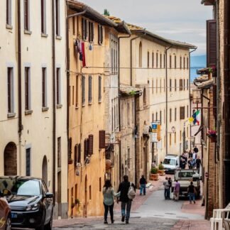 Romantic Tuscan Village Street Scene with Strolling Couple