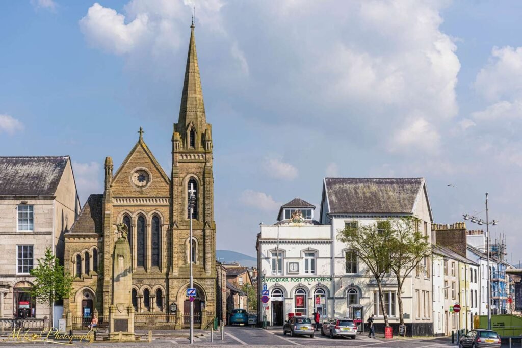 Welsh Market Town Square with Victorian Church Spire — Fine art canvas print by Naomi McLeod