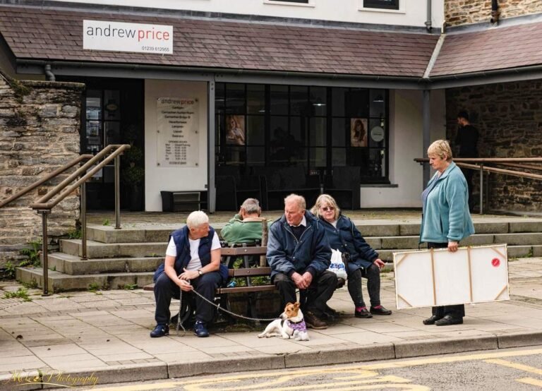 Welsh Village Street Scene with Locals and Jack Russell Terrier