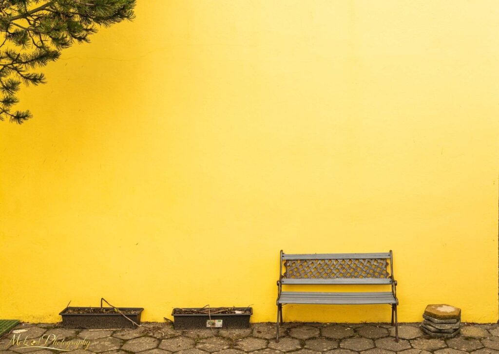 Vibrant Yellow Wall with Bench Minimalist Fine Art Print — Fine art canvas print by Naomi McLeod